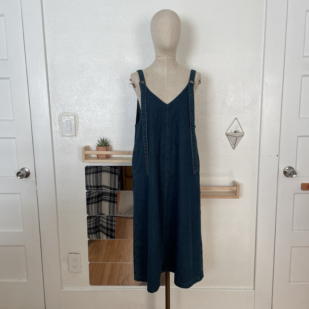 Kuose Denim Midi Overall Dress, Adjustable With Pockets Size Medium